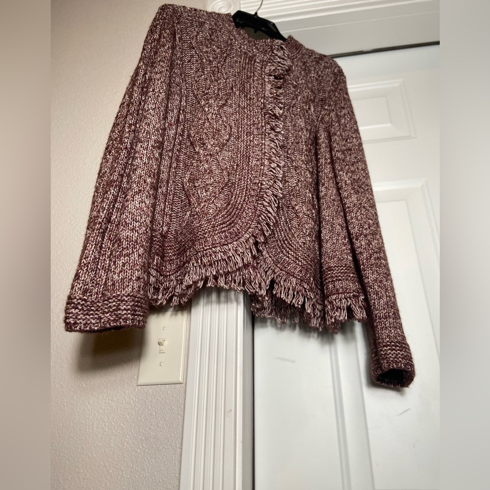 Tribal~Fringed~Cable Knit~Burgundy/Cream~Variegated~Sweater~Cardigan~Size TG/XL - Picture 5 of 16